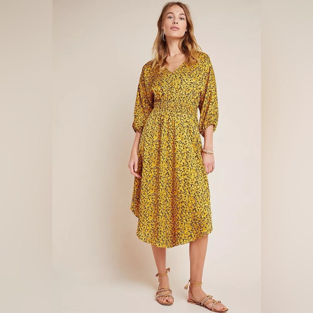 Anthropologie Marigold Long Sleeve Midi Dress in Yellow Gold Floral